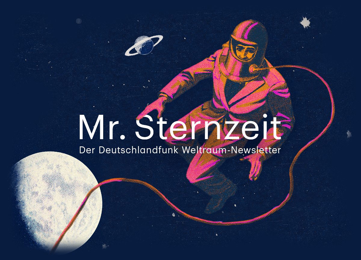 Das Logo des
Newsletters zeigt einen gemalten Astronauten in einem Herrenanzug mit Helm
vor einem Planeten