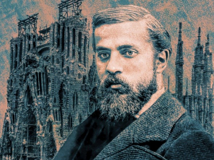 Ein Druck auf dem Antoni Gaudí in mittleren Jahren zu sehen ist. Im Hintergrund der noch nicht fertiggestellte Bau der Sagrade Familia