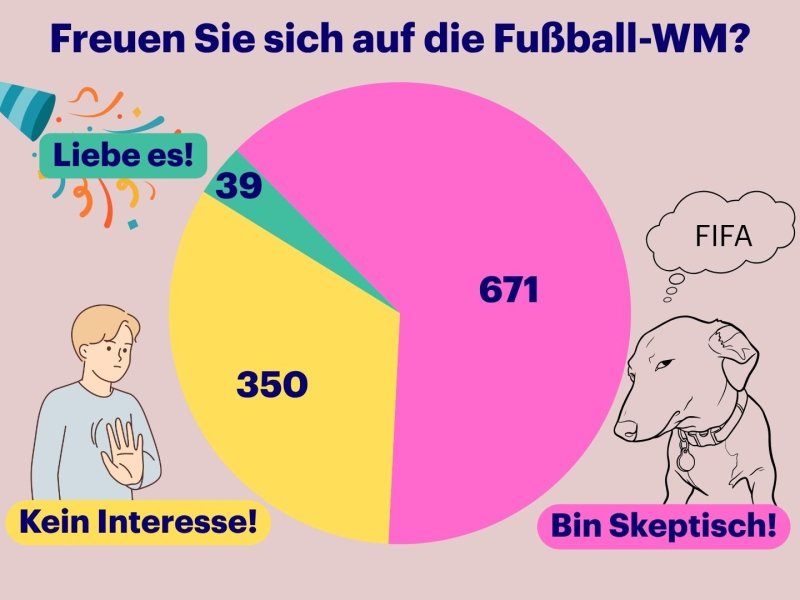 Collage: Oben steht die Frage "Freuen Sie sich auf die Fussball-WM?", darunter ein Tortendiagramm mit drei Teilen. 671 Personen haben mit "bin skeptisch", 350 Personen mit "kein Interesse" und 39 Personen mit "liebe es!" geantwortet.