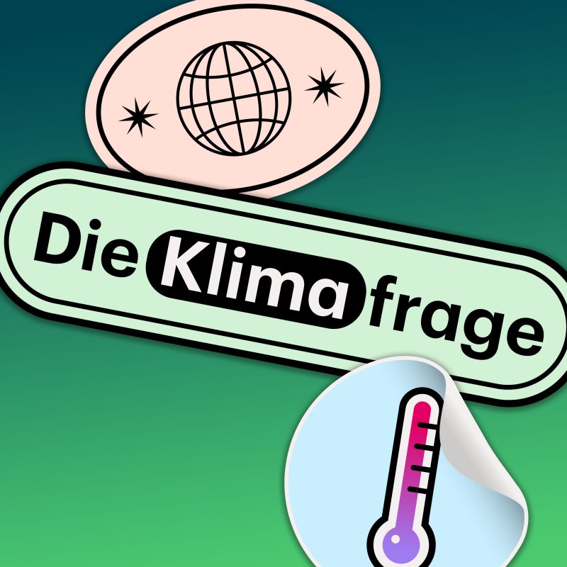 Podcastcover mit der Aufschrift „Die Klimafrage“. Zu sehen sind ein Globus und ein Thermometer als Symbole für Klima und Erderwärmung auf grünem Hintergrund.