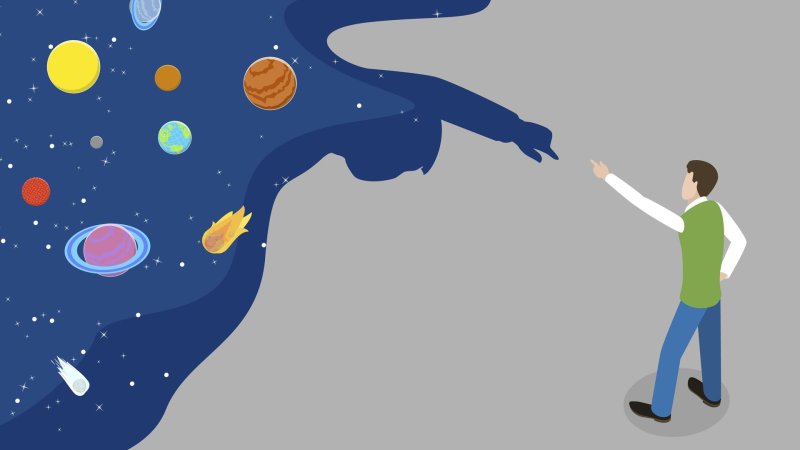 Illustration eines Menschen, der auf ein Universum mit Planeten, Sternen und Kometen vor blauem Hintergrund zeigt, das wie sein Schatten geformt ist.