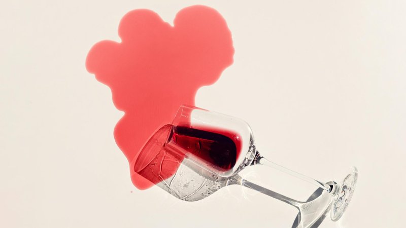 Rotwein rinnt aus einem umgekippten Glas auf hellen Hintergrund, ein großer, roter Fleck breitet sich darauf aus. 