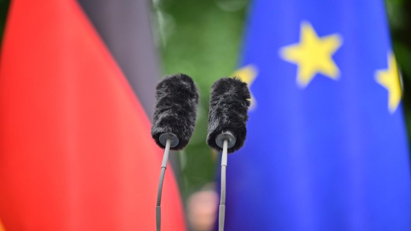 Zwei Mikrofone, die offensichtlich zu einem Rednerpult gehören, dahinter unscharf Flaggen.