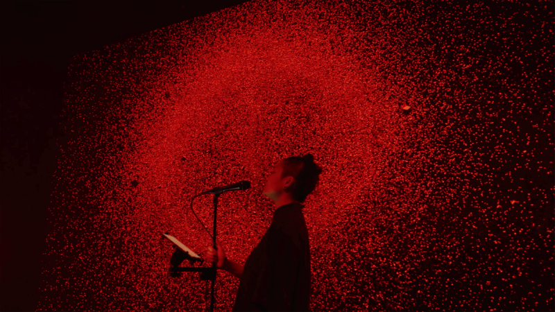 Performerin vor rotem Hintergrund