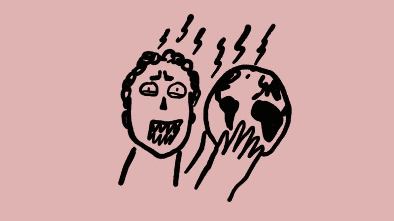 Comic-Zeichnung eines Menschen mit ängstlichem Gesichtsausdruck und aufgerissenem Mund, der eine Weltkugel in Händen hält vor rosa Hintergrund