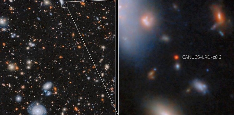 Zwei Bilder stehen nebeneinander. Links sind viele Sterne
und Galaxien zu sehen. Rechts ist ein kleiner Ausschnitt
vergr&ouml;&szlig;ert dargestellt: In der Mitte leuchtet ein roter
Lichtfleck.