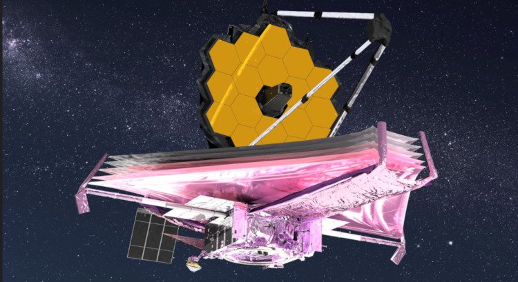 Das James-Webb-Teleskop mit goldenem Spiegel und
ausgeklapptem Sonnenschild schwebt vor einem Hintergrund voller Sterne.