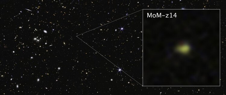 Ein weites Sternfeld voller Galaxien. Ein winziger
Ausschnitt ist rechts im Bild stark vergr&ouml;&szlig;ert. Dort ist ein
l&auml;nglicher gelb-gr&uuml;ndlicher Lichtfleck zu sehen.