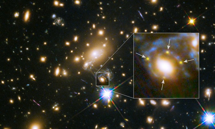 Ein dunkles Sternfeld voller beigefarbener Galaxien. Eine ist in einem Ausschnitt vergrößert dargestellt. Pfeile weisen auf vier gelbe Lichtpunkte hin, die knapp ober- und unterhalb, links und rechts dieser Galaxien zu sehen sind.