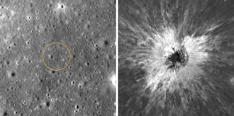 Zwei Bilder stehen nebeneinander. Das linke zeigt ein Feld mit vielen kleinen Kratern. In der Mitte befindet sich ein gelber Kreis. Das rechte Bild zeigt fast formatfüllend den kreisrunden Krater und das ausgeworfene weiße Material.